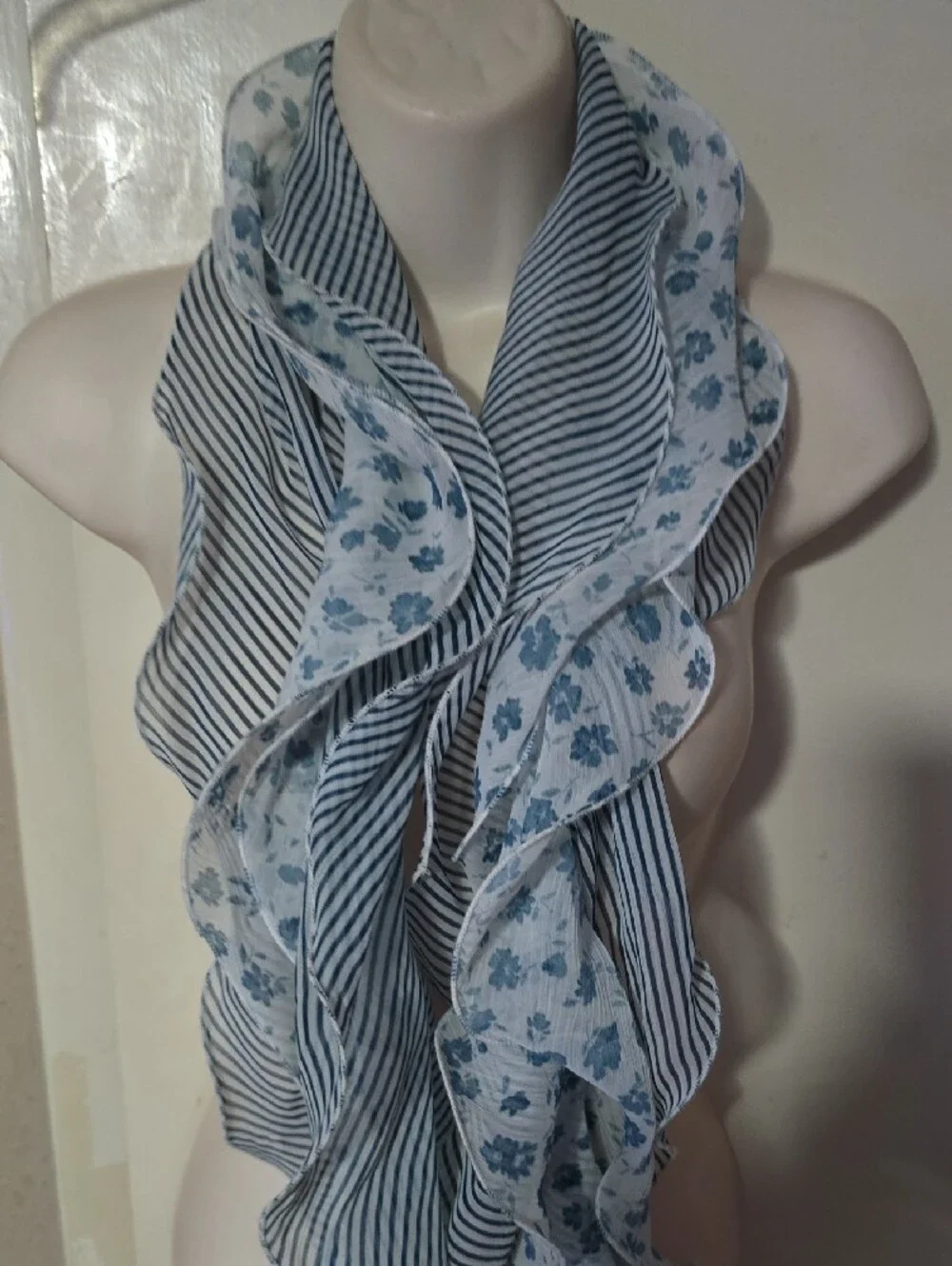 Blue Floral & Stripe Ruffle Scarf - Women's Accessory